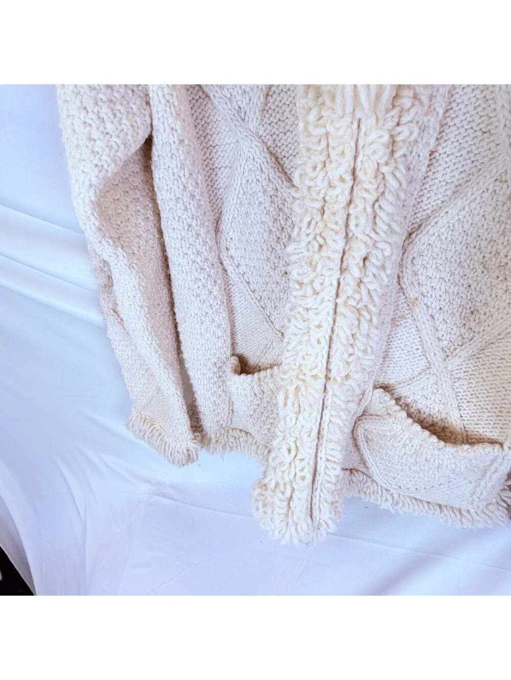World Of Wool Vintage Cableknit Fisherman Sweater Ivory Heavy Full Zip XL